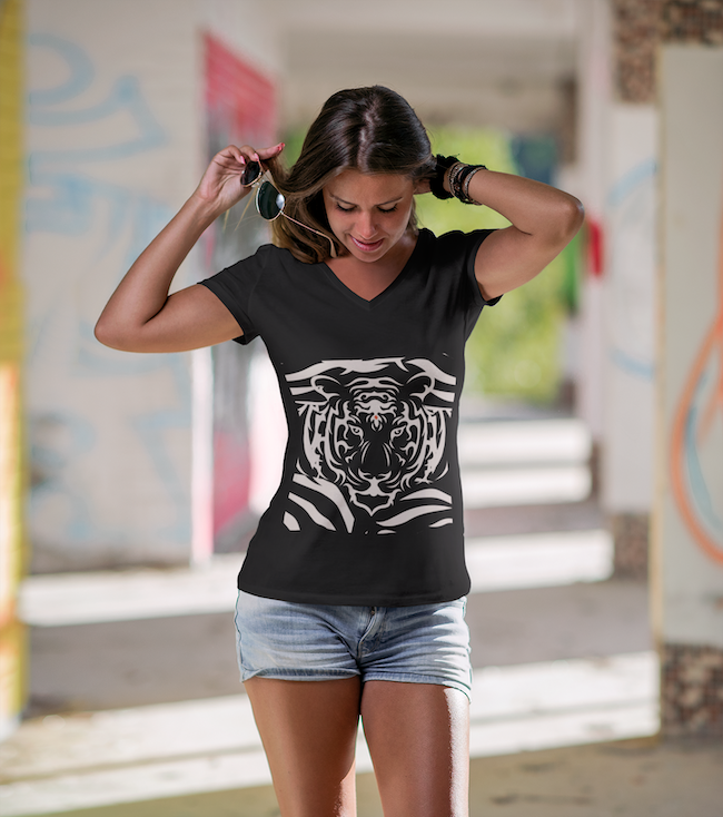 Tiger V Neck T Shirt | Tiger Spirit Animal Print Creme Classy Graphic Shirt | Unisex Jersey Short Sleeve V-Neck Tee