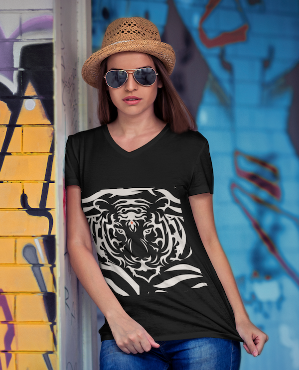 Tiger V Neck T Shirt | Tiger Spirit Animal Print Creme Classy Graphic Shirt | Unisex Jersey Short Sleeve V-Neck Tee