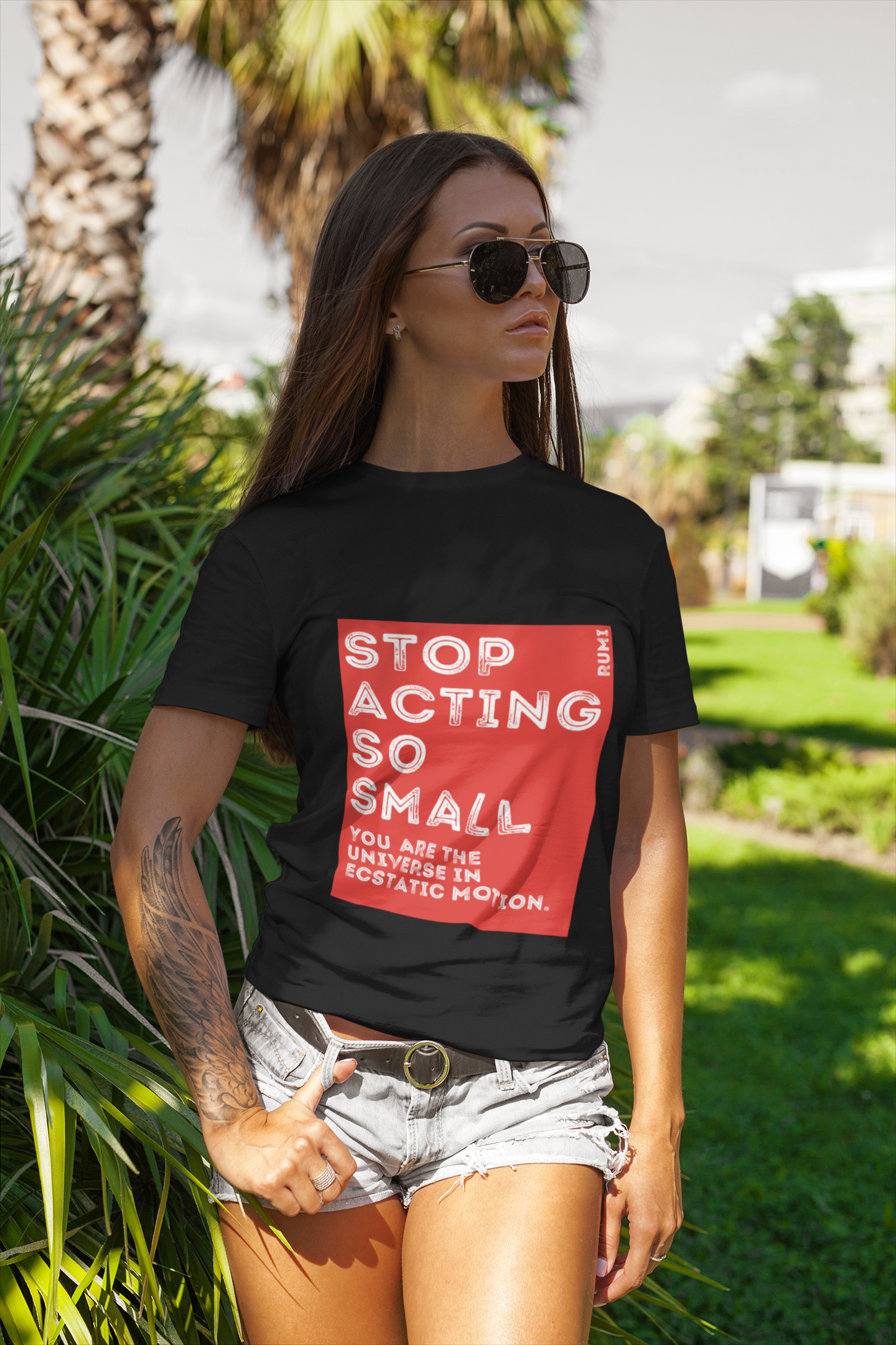 Rumi Quote, Stop Acting So Small You Are The Universe in Ecstatic Motion Red and White Graphic | Unisex Jersey Short Sleeve Tee