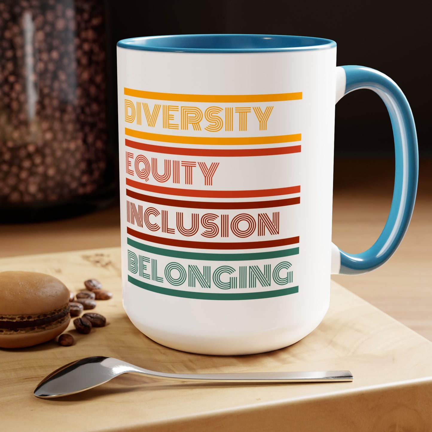 Diversity Equity Inclusion Belonging DEI B Two-Tone Coffee Mugs, 15oz | DEI Gift Mugs