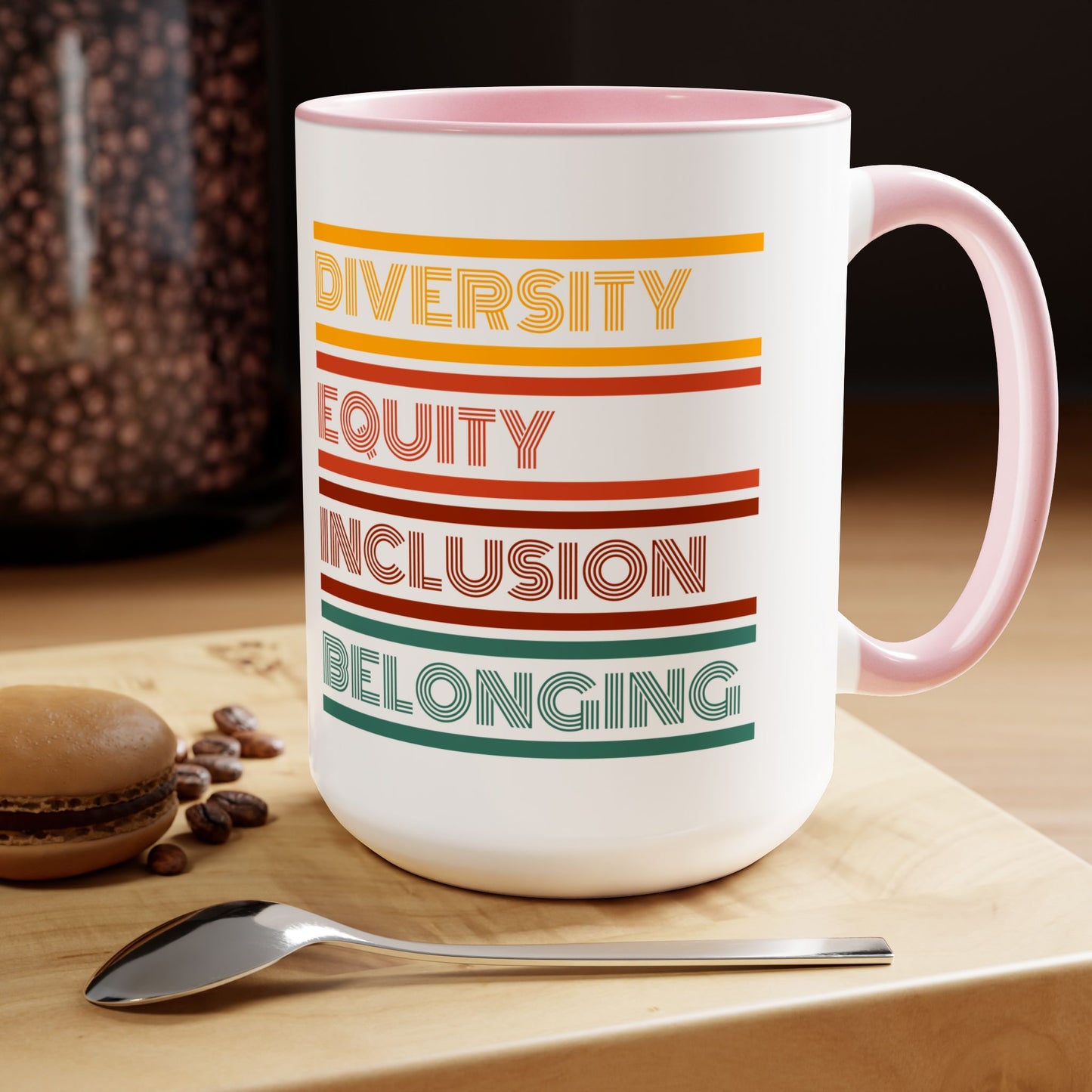 Diversity Equity Inclusion Belonging DEI B Two-Tone Coffee Mugs, 15oz | DEI Gift Mugs