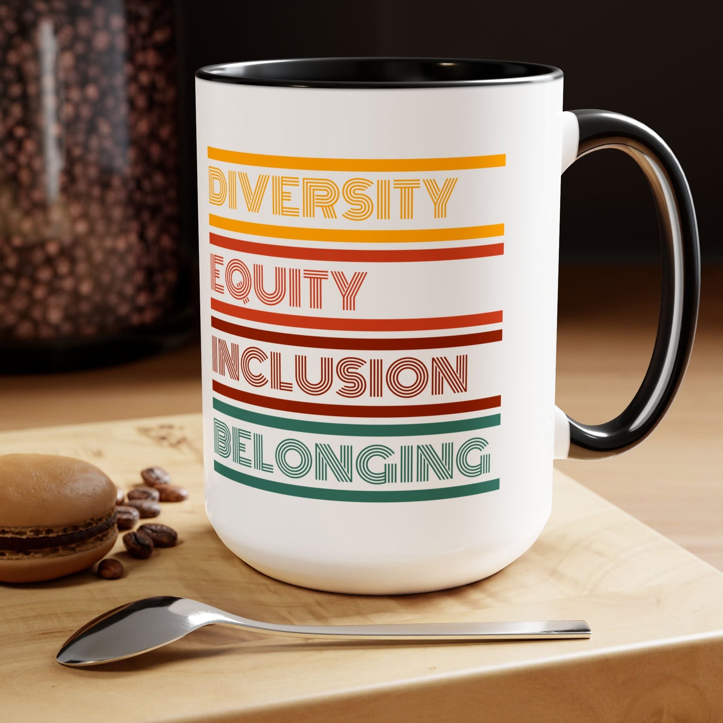 Diversity Equity Inclusion Belonging DEI B Two-Tone Coffee Mugs, 15oz | DEI Gift Mugs