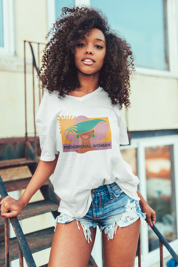 Phenomenal Woman Statement V Neck T Shirt | Graphic Phenomenal Woman Jersey Short Sleeve V-Neck Tee