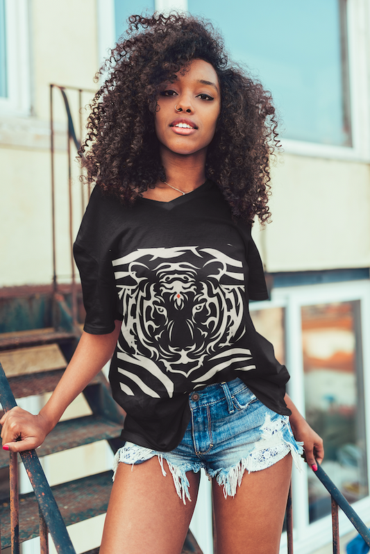 Tiger V Neck T Shirt | Tiger Spirit Animal Print Creme Classy Graphic Shirt | Unisex Jersey Short Sleeve V-Neck Tee